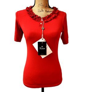 NWT VIADESTE Red Ruffled Stretched Top T-shirt Cotton blend SZ 42 Made in Italy